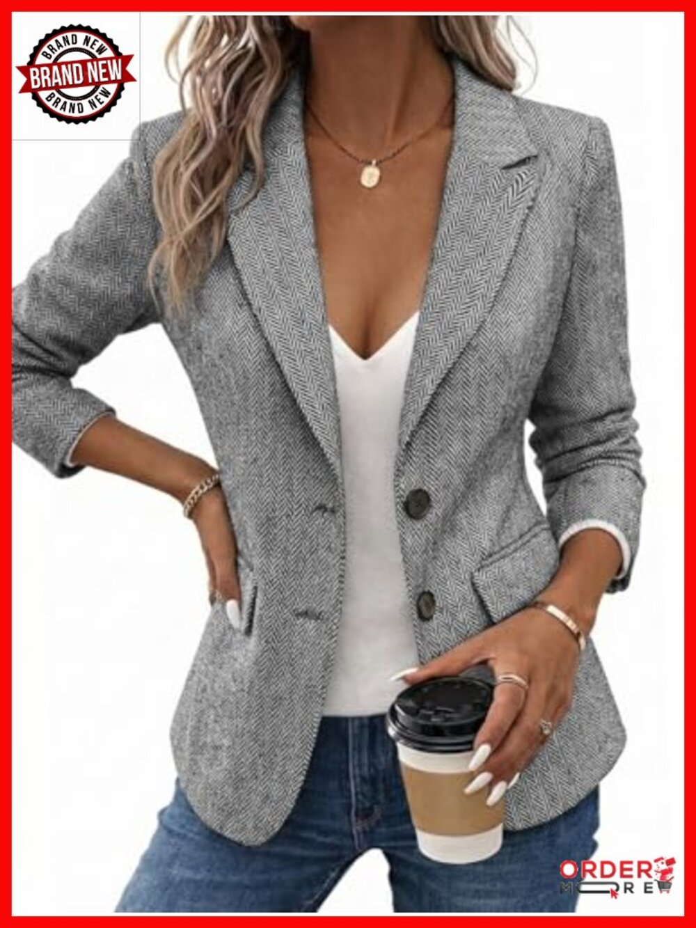 Herringbone Tweed Blazer - Notched Lapel Fully Lined Work Office Blazer Jacket - Picture 2 of 5